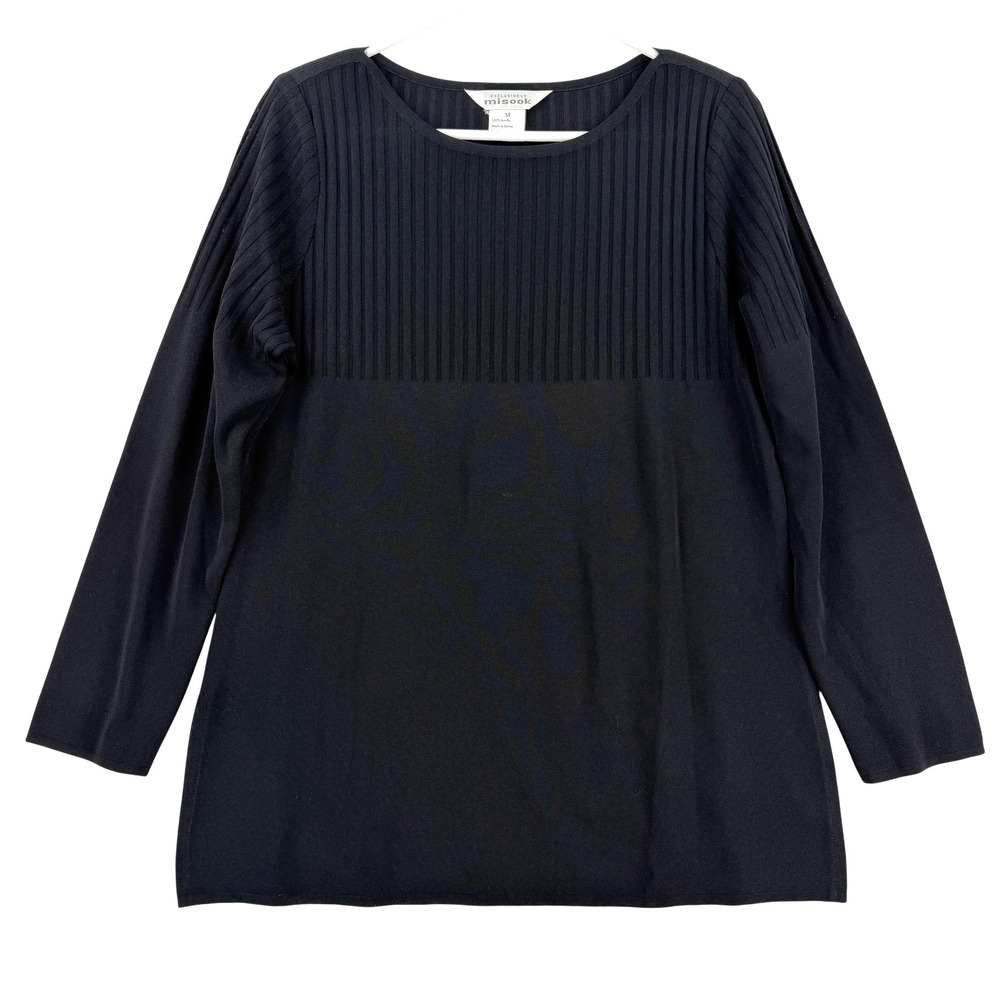 Misook Sweater Womens Medium Black Ribbed Knit Crewneck Long Sleeve Pullover